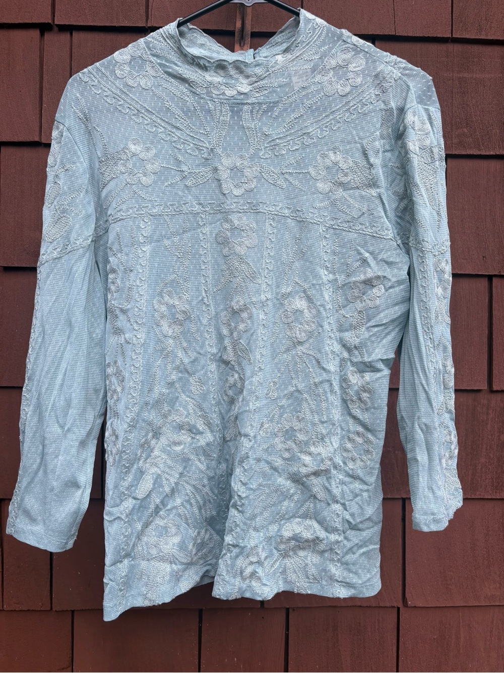 Sundance mock neck Light Blue Embroidered lace Long Sleeve Top large